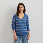 Women's V-Neck Sweater - Stripe - Tile Blue