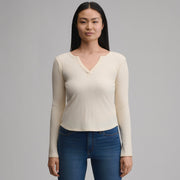 Women's Long-Sleeve Rib Y-Neck Henley - Ivory