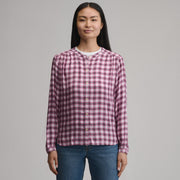 Women's Long-Sleeve Collarless Drapey Plaid Button-Down Shirt - Blush